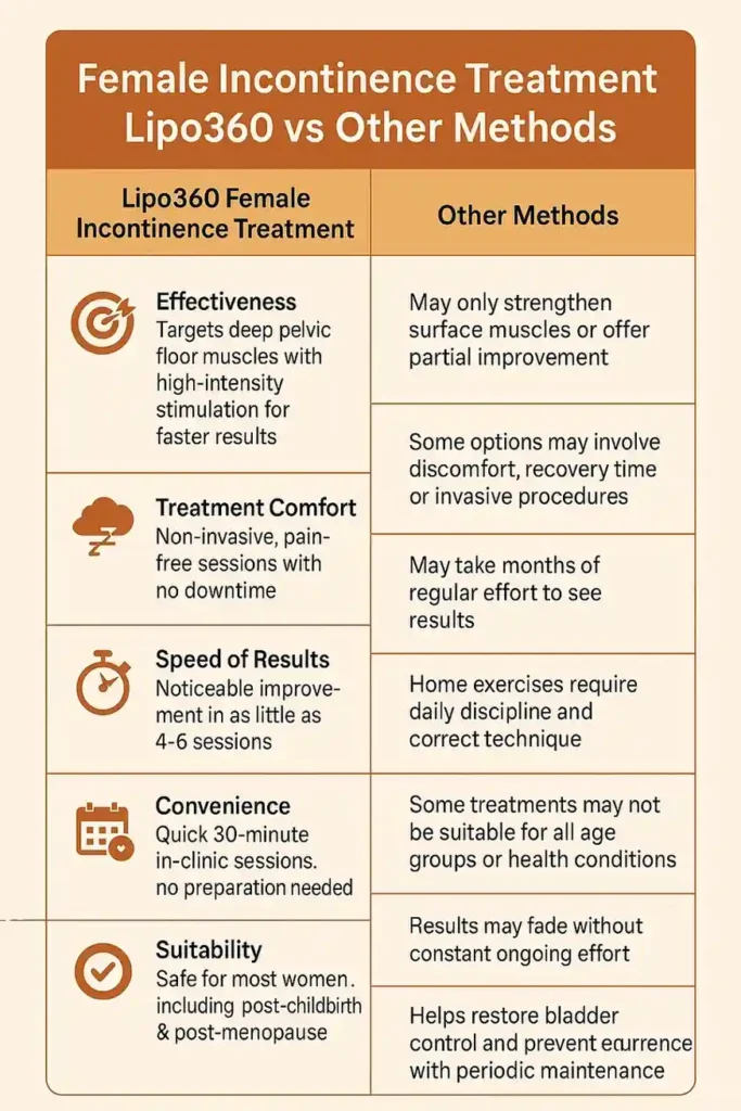 Comprehensive Guide To Female Incontinence Treatment Options 1 Table showing benefits of incontinence treatment Northampton